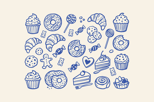 Hand drawn doodle set of sweet desserts and sugary treats including cupcakes donuts cookies and candy icons Vector, illustration