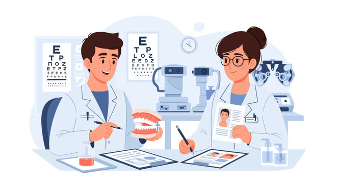 Two doctors examining patient records and dental model.