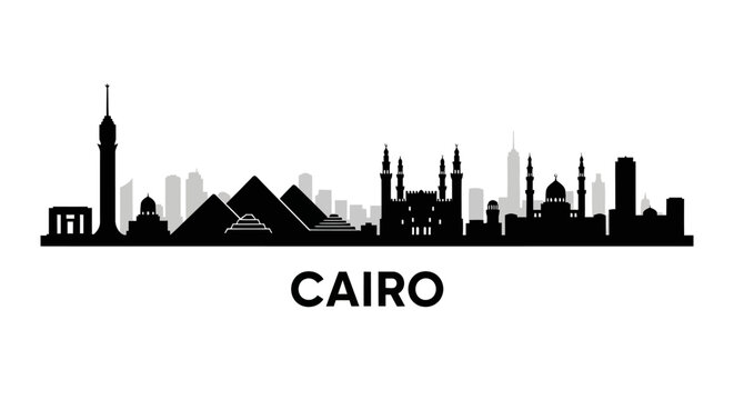 Cairo skyline silhouette illustration, egyptian landmarks, city architecture