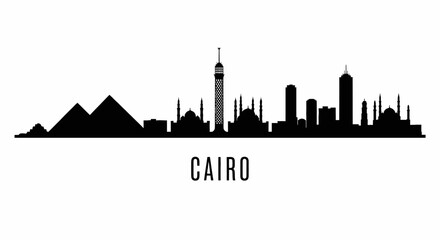 Obraz premium Cairo city skyline silhouette with pyramids and landmarks, monochrome