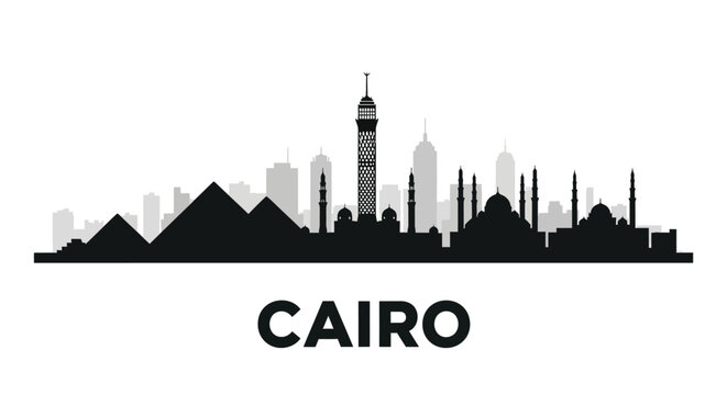 Cairo city skyline silhouette with pyramids and landmarks, monochrome vector