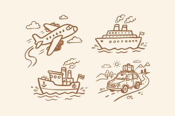 Set of hand drawn travel icons featuring airplane cruise ship cargo vessel and car for vacation and transport themes Vector, illustration © Foysal