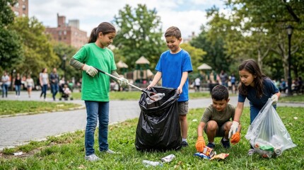 Obraz premium Children pick up trash in a city park while participating in a community cleanup activity. The scene highlights environmental awareness, sustainability, and volunteer service focused.