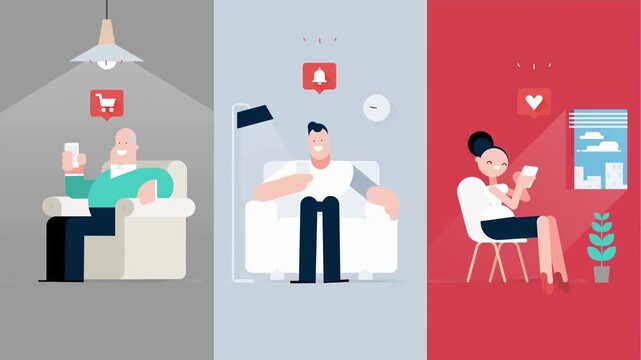Three Screen Split 2D Animation of People Using Smartphones at Home, Social Media and Mobile Addiction Concept