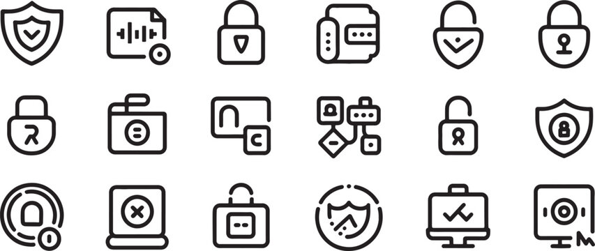 Cybersecurity Icons Set Featuring Shields, Locks, File Protection, Encryption Keys, and Secure Network Communication Symbols