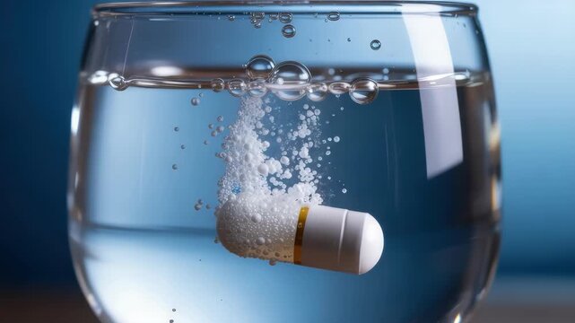 White medical pill dissolving rapidly inside a glass of clear water creating many small carbonated bubbles captured with high speed photography in bright studio lighting
