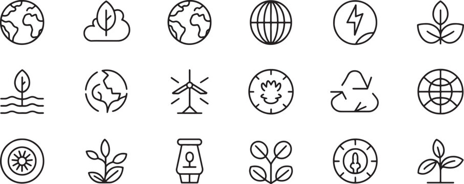 Eco Nature Icons Set with Globe, Leaves, Windmill, Seedling and Recycling Style Symbols in Black Outline