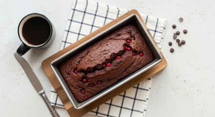 Naklejka premium Top view of a chocolate loaf cake with red berries in a baking tin next to a cup of coffee and a knife