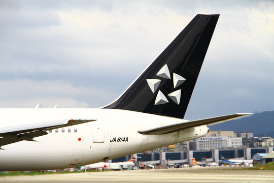 The black vertical tail fin of a passenger airplane.