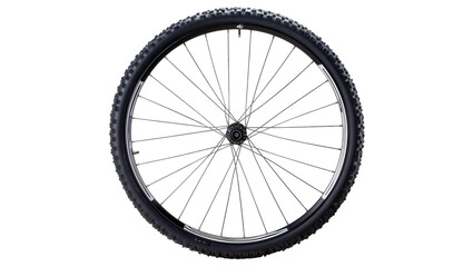 Isolated modern black mountain bike wheel with rugged rubber tire and metal spokes © Gabriel