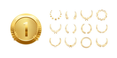 Obraz premium Gold award medals with laurel wreath. Golden medals with number one and leaf wreath on white background. 3d metal winner emblems. Realistic vector illustrations set.