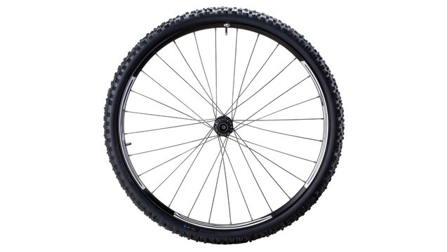 Isolated modern black mountain bike wheel with rugged rubber tire and metal spokes