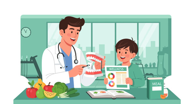 Dentist teaching child about dental hygiene and healthy eating habits.