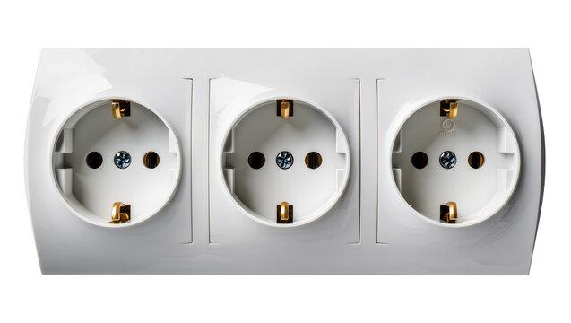 Isolated new white three-gang electrical wall socket with grounded Schuko outlets