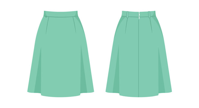Women Fashion Teal Mint Green A-Line Pleated Skirt Front and Back View Template for Clothing Design Apparel