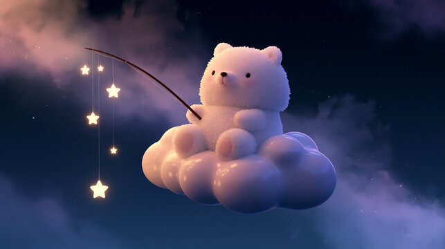 Cute 3D Claymation Polar Bear Sitting on a Cloud Fishing for Stars at Night