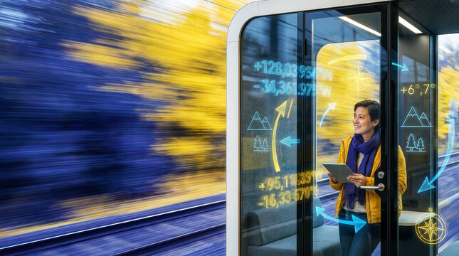 Digital nomad lifestyle and augmented reality travel concept featuring a professional using a mobile office on a high-speed train with holographic geolocation and navigation overlays 