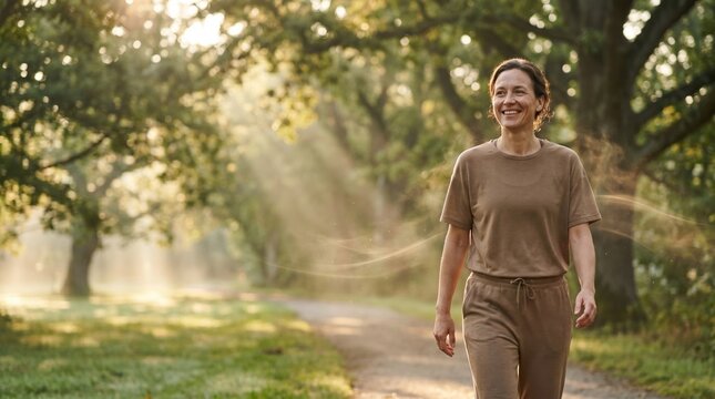 Happy mature woman walking in park morning sunlight active aging wellness concept. copy space