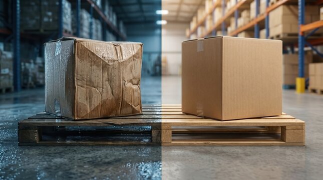 Comparison of damaged wet cardboard box and perfect condition parcel on wooden pallet in warehouse.
