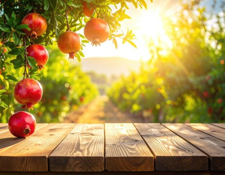 Ripe pomegranates hang from a tree branch over a rustic wooden table