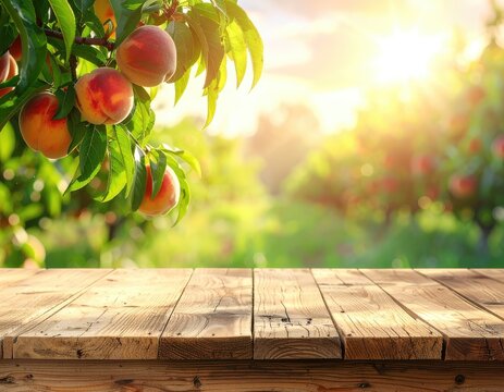 Sun-drenched orchard with ripe peaches on tree and rustic wooden table