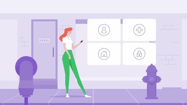 Animated Woman Walking in Smart Building Corridor Passing Interactive Digital Interfaces, Futuristic Security and Facility Management
