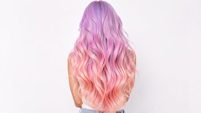 Back view of very long wavy hair dyed in a seamless pastel mermaid color melt