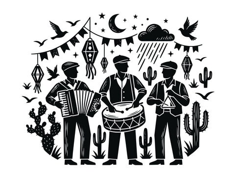 Linocut Style Illustration of Brazilian Forr&oacute; Musicians with Accordion, Drum, and Triangle in Sert&atilde;o Landscape
