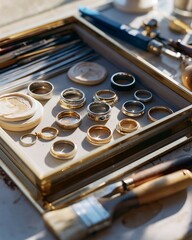 Obraz premium Jeweler's display tray with custom wedding rings, fingerprint engraving, birthstones, and contoured comfort-fit profiles beside wax ring models and polishing tools, styled as a luxury bridal close-up.