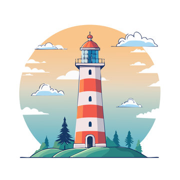 Red and white lighthouse illustration with sunset and trees