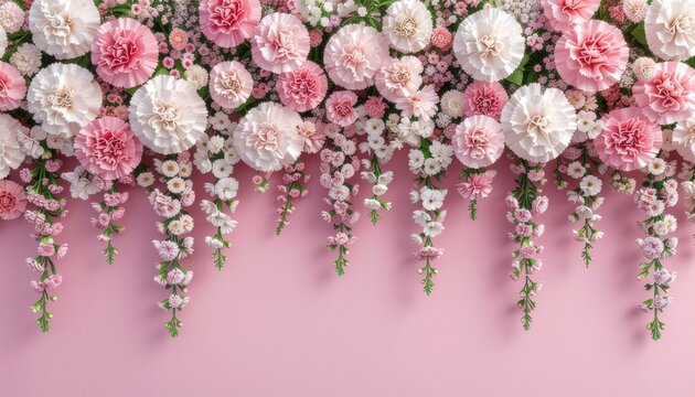 Pink and white carnation floral border on pink background with copy space