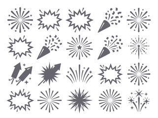 Obraz premium Flat Vector Celebration Icon Set of Fireworks, Confetti, and Starbursts in Blue and Gold