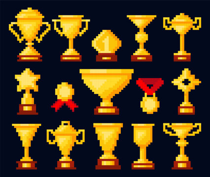 Pixel art style gold trophies. Awards for winner. First place medals. Victory cups or figurines. Arcade video game. Retro 1980s badges. Golden goblets. Vector graphic elements set for apps