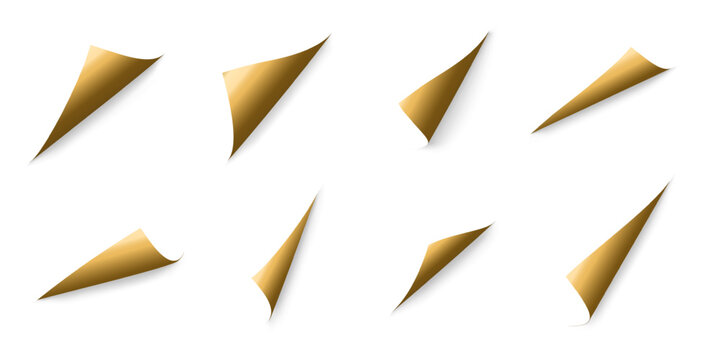 Curved gold corners. Realistic curled pages. 3D paper memo notes. Glossy metal folds. Bents in various ways. Notepaper sheet flip. Vector sticker sets with rounded golden edges for office