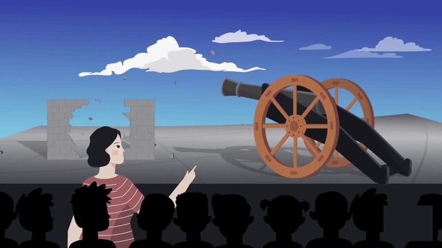 Animated Military Cannon Firing on Historical Battlefield Event with Spectators, Museum Education and History Reenactment Lesson