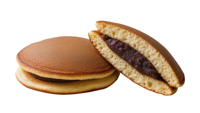 Isolated Japanese dorayaki pancakes with sweet red bean paste filling, delicious traditional dessert