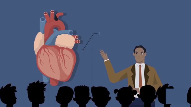 2D Animation of Biology Professor Presenting Human Heart Anatomy to Audience, Medical Science Education and Cardiology Lecture