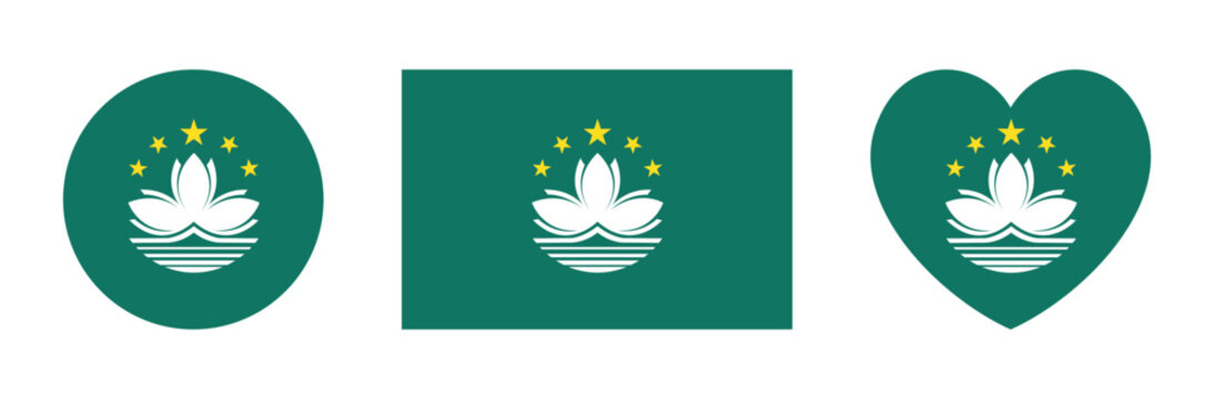 Regional Flag of Macao Republic of China heart, circle, rectangle. Lotus flower above Governador Nobre de Carvalho Bridge, water in white, beneath circular arc of five golden stars on emerald green.