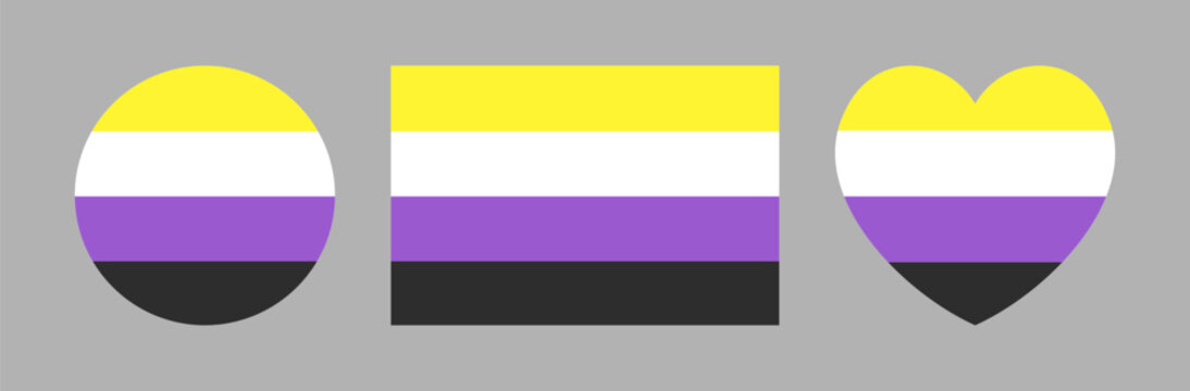 Non binary flag pride heart, circle, rectangular sticker, badge. LGBTQ pride flag heart, round, rectangle symbol, button, icon set. Flag Nonbinary pride. LGBT sign. Identity flag of Sexual minorities.