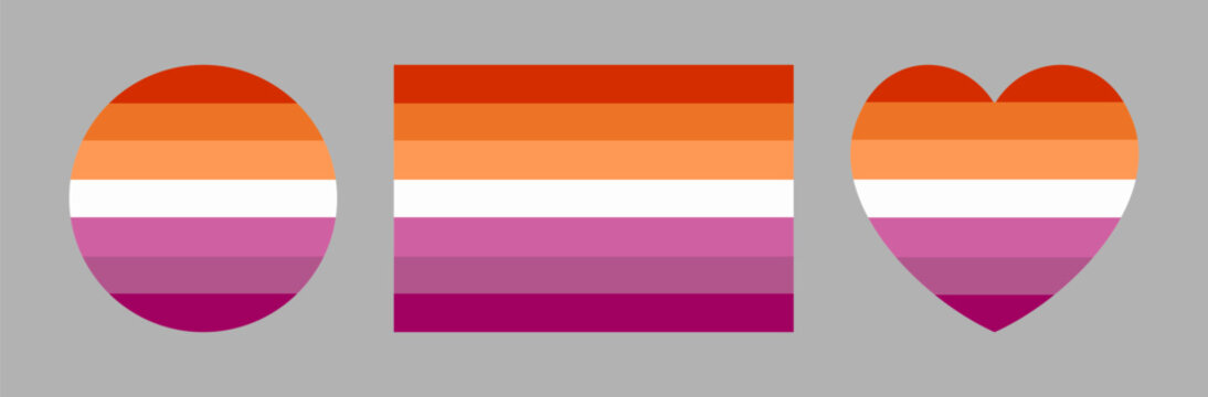 Lesbian Pride flag with seven stripes banner, button, badge in heart, circle, rectangle shape. Set of Lesbian flag heart shaped, rectangular, round icon, background, sticker.