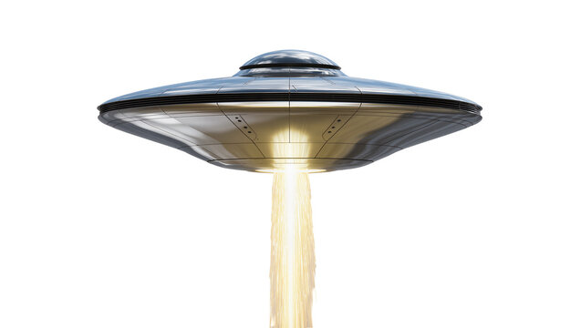 Isolated sleek futuristic flying saucer UFO with intense bright light beam from below