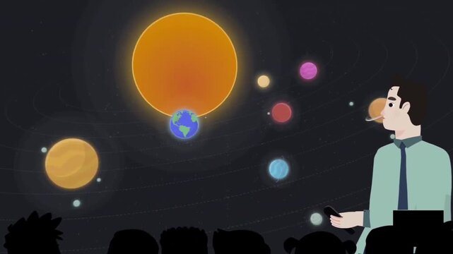 2D Animation of Astronomy Professor Presenting Solar System Planets to Audience, Space Education and Science Science Seminar