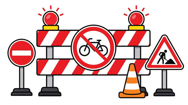 Road construction warning signs and barriers.