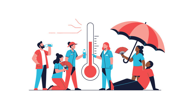 People suffering from heatwave, seeking relief from extreme heat with fans and umbrella