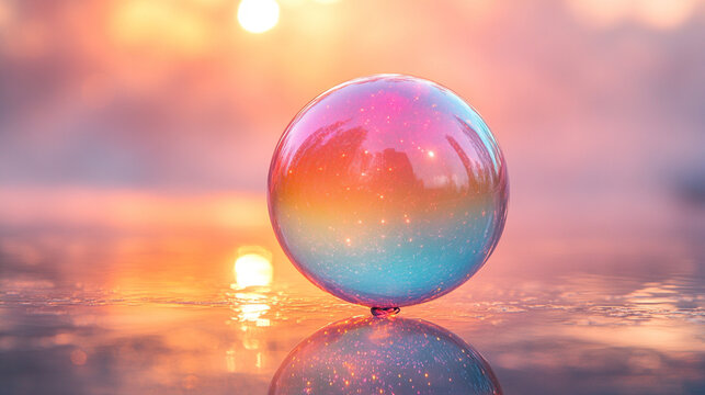 Colorful sphere on water surface at sunrise