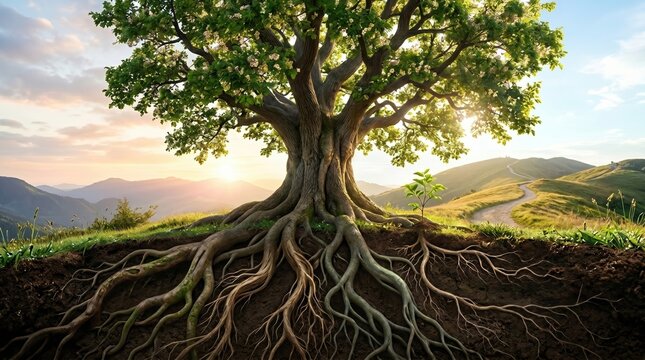 Large green tree with deep roots in soil and small sapling growing on hill at sunrise.