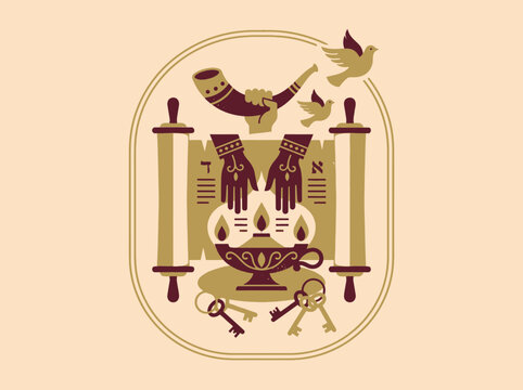 Artistic Jewish symbols featuring a Torah scroll and shofar
