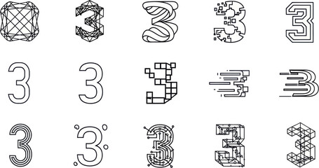 Black and white illustrations of various styled numbers 3 and letter B. © uzumaki