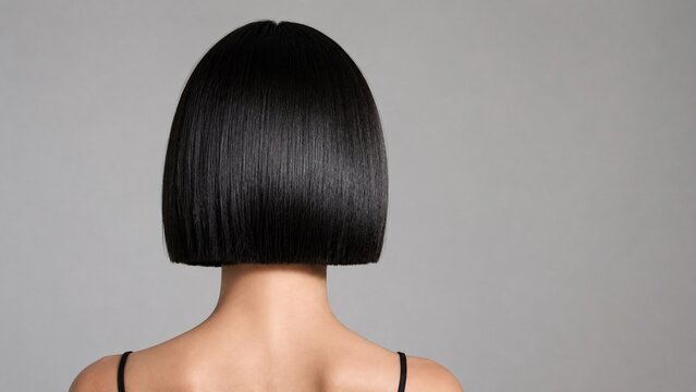 Minimalist back view of a perfectly sharp chin-length black blunt bob haircut