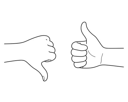 A minimalist black-and-white line illustration showing contrasting thumbs-down and thumbs-up hand gestures, representing dislike, approval, negative feedback, and positive evaluation.